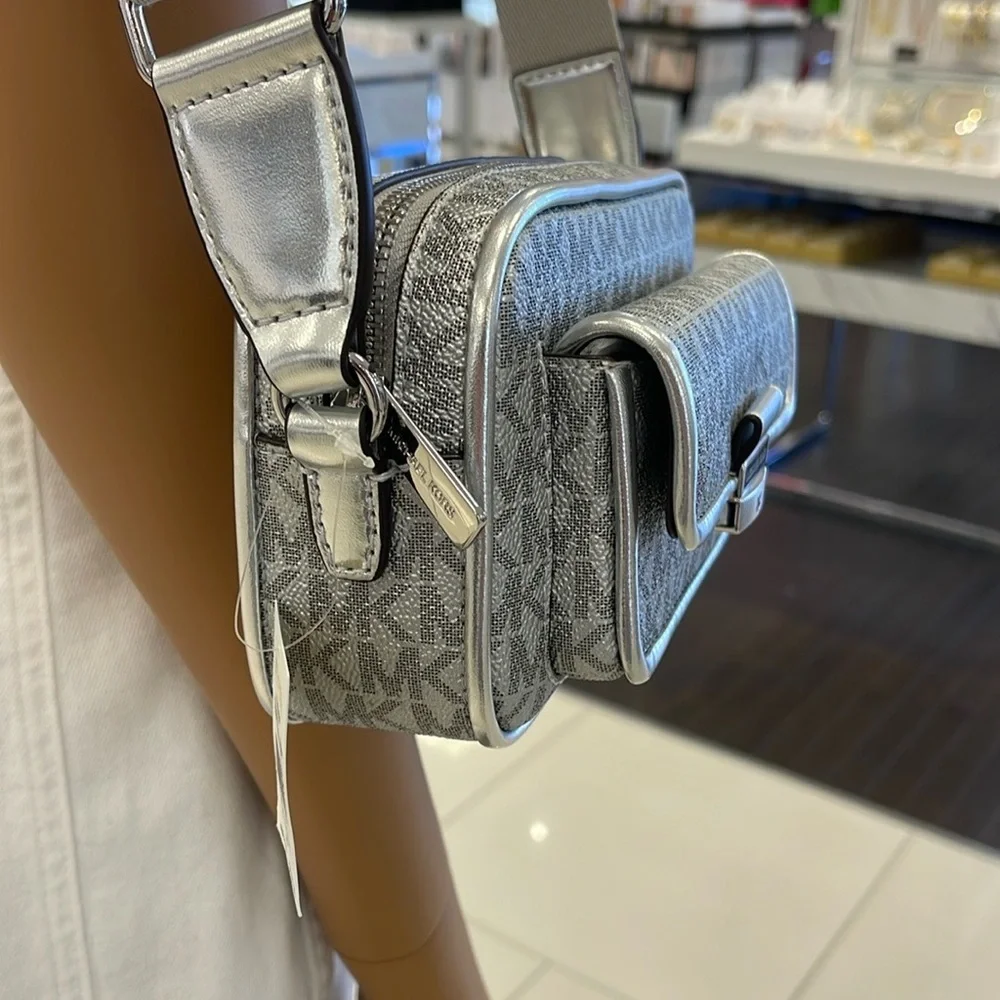 Michael Kors Bradshaw Extra-Small Metallic Signature Logo Camera Crossbody Silv